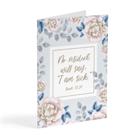 Floral greeting card featuring Isaiah 33:24: "no resident will say 'I am sick.'"