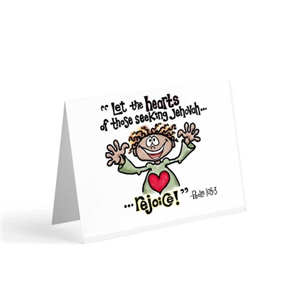 Greeting card featuring Psalm 105:3 and a happy hand-drawn cartoon character.