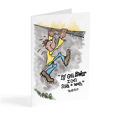 Illustrated greeting card featuring Psalm 18:29: "By God's power I can scale a wall."