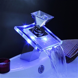 2015 LED Light Waterfall Bathroom Sink Mixer Tap Glass Brass Chrome Faucet