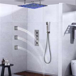 Ceiling LED Shower Set Thermostatic Valve Brushed Nickel Wall Mount with Jets Spray & Handshower