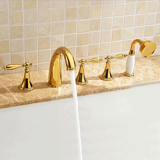 Monaco Luxury Polished Gold Solid Brass Bathtub Faucet Set  W/ Ceramics Hand Shower Sprayer