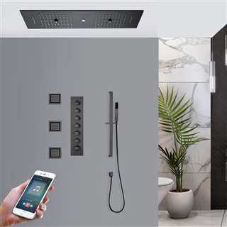Ravenna Phone Controlled Matte Black Thermostatic Recessed Ceiling Mount Musical LED Mist Waterfall Rainfall Shower System with Hand Shower and Jetted Body Sprays