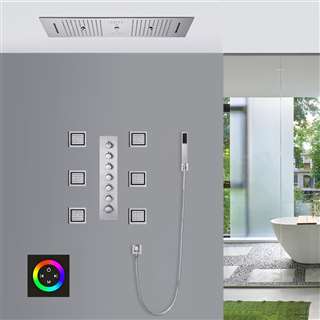 Sassari Thermostatic Chrome Touch Panel Controlled LED Recessed Ceiling Mount Musical Rainfall Shower Shower System with Hand Shower and Jetted Body Sprays