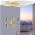 Novara Thermostatic Brushed Gold Recessed Ceiling Mount LED Waterfall Mist Rainfall Shower System with Jetted Body Sprays and Hand Shower