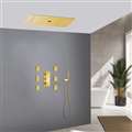 Varese LED Brushed Gold Thermostatic Elegant Recessed Ceiling Mount Waterfall Mist Rainfall Shower System with Hand Shower and Jetted Body Sprays