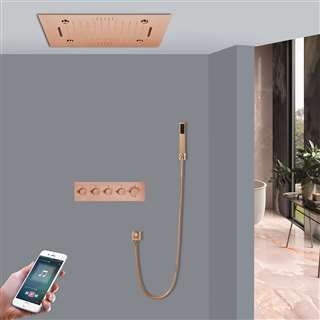 Afragola Thermostatic Rose Gold LED Phone Controlled Recessed Ceiling Mount Mist Waterfall Mist Rainfall Shower System with Hand Shower