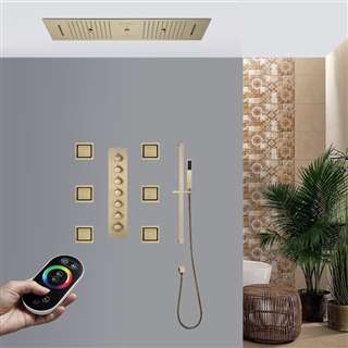 Catanzaro Remote Controlled Brushed Gold Thermostatic LED Recessed Ceiling Mount Rainfall Water Column Waterfall Mist Shower System with Square Hand Shower and 6 Jetted Body Sprays