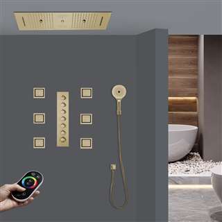 Brescia Thermostatic LED Brushed Gold Remote Controlled Recessed Ceiling Mount Waterfall Rainfall Water Column Mist Shower System with 6 Jetted Body Sprays and Hand Shower
