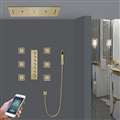 Padua Phone Controlled Brushed Gold Thermostatic LED Waterfall Rainfall Water Column Mist Shower System with Hand Shower and Jetted Body Sprays