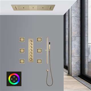 Vittoria Touch Panel Controlled Thermostatic LED Ceiling Mount Brushed Gold Waterfall Rainfall Water Column Mist Shower System with Square Hand Shower and Jetted Body Sprays