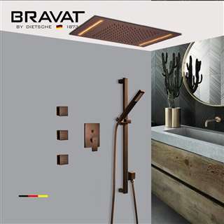 Bravat Ceiling Mount Rainfall LED Shower Head with Sliding Bar and 3 Body Jets Shower Set