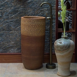 Greenville Freestanding Pedestal Cylinder Ceramic Wash Bathroom Sink with Faucet in Crackle Brown Wood Finish
