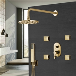 Brushed Gold Rainfall Round Shower Head And Hand Held Shower With Stress-Free Body Jet & Thermostatic Mixer Valve