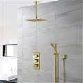 Square Brushed Gold Rain Shower System Faucet Set 2 Outlets 12" Ceiling Head & Handset