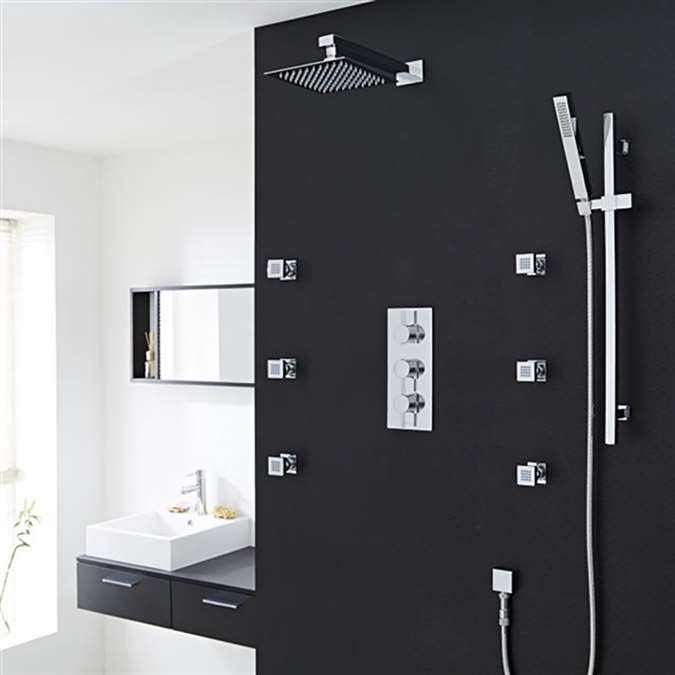 Lenox Chrome Thermostatic Shower System Set With Square Rain Head Handset 6 Jets