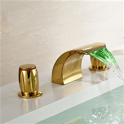 LED Colors Waterfall Bathroom Sink Faucet 3 Holes Sink Mixer Tap Gold Polished