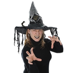 The Witch Hat w/Rat is a creepy accessory for any witch costume. Adorned with a combination of black and white netting, with a fake rat extending in the front and back. Approximately 22 inches inner circumference. No returns accepted.