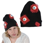 The Eyeballs Knit Cap will add some gore to your next Halloween costume. The black stretch-knit cap is adorned with a pair of rubber bloodshot eyeballs, accented with red mesh fabric patches. One size fits most. No returns.