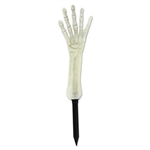 Stick this creepy Nite-Glo Skeleton Hand Yard Stake in the ground, and watch the surprised faces of your Halloween  guests. The life-size plastic arm and hand measures 11 inches long and 4 inches wide. 6 inch stake included. Simple assembly required.