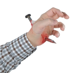 The Bloody Nail Glove is finger-less and slips over your hand to give the appearance that a nail has been driven thru your hand. Flesh colored stretch fabric is accented with red where the fake nail protrudes. One size fits most. No returns.