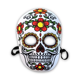 If you're looking for a colorful Day of the Dead Mask, there's no need to look any further!This particular mask has shades of white, green, red, yellow and black on it! Attached elastic strap for secure fit and fabric covering gives the mask added comfort