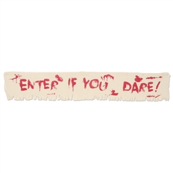 The Enter If You Dare! Fabric Banner is perfect for any Halloween or Zombie decor. The natural fabric banner features a red Enter if you Dare phrase, printed to resemble blood stained letters. One banner per pkg. Measures 12 inches tall and 6 foot long.