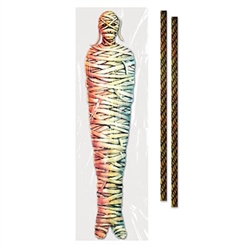 The Mummy Tree Wrap Decoration is printed on an all-weather plastic material and measures 15.5 inches by 5 feet. Included are two printed rope plastic ties. This evil looking mummy has bright green eyes and terrifying sharp teeth.