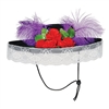 The Felt Catrina Hat is covered in black felt and decorated with red roses and leaves with two purple plumes and lace around the brim. Has an inside circumference of 22 inches. One size fits most. One per package. No returns.