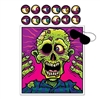 The Pin The Eyeball Zombie Game contains 14 pieces: 1 zombie picture, 1 blindfold mask, and 12 numbered eyeballs. Made of printed paper. A spin on the classic blindfold game where players pin the eyeball closest to the eye socket.