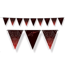 The Elvira Pennant Streamer is made of cardstock and printed on one side. Consists of alternating pennants printed with Elvira's signature and a spider web design. Measures 7 1/2 inches tall and 6 feet long. One per package. Simple assembly required.