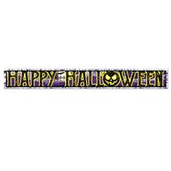 How do you decorate for Halloween without going over the top?  
Hang this classically colorful metallic fringe Happy Halloween banner!  Easy to hang and perfectly sized for nearly any venue, this Happy Halloween banner is 5 feet long and 7.5 inches tall.