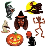 The Vintage Halloween Classic Cutouts are made of cardstock and printed on two sides. Sizes range in measurement from 9 1/2 inches to 16 inches. Contains 7 cutouts per package.
