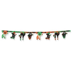 The Vintage Halloween Streamer is made of cardstock and printed on two sides. Measures 10 inches tall and 6 feeet 11 inches long. Contains one per package. Completely assembled.