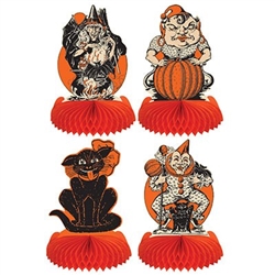 The Vintage Halloween Centerpieces are made of cardstock with a tissue base. Printed on two sides. Each package features a cat, clown, witch, and a goblin. They measure 9 inches tall. Completely assembled, open full round. Contains 4 per pack.