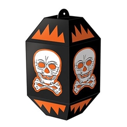 The Vintage Halloween Skull Paper Lanterns are made of cardstock and measure 7 inches tall and 3 1/2 inches wide. They're black and printed with a white skull with orange embellishments. Contains 3 per package. Simple assembly required.