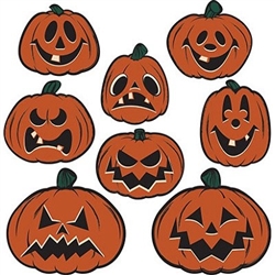 The Vintage Halloween Pumpkin Cutouts are made of cardstock and printed on two sides. Each one has a different facial expression from intimidating to happy to silly. Sizes range in measurement from 6 1/2 inches to 9 1/2 inches. Contains 8 per package.