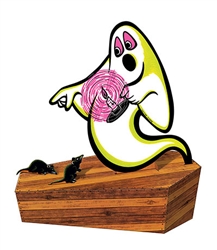 Add some old-time fun to your Halloween with this Vintage Halloween 3-D Spooky Centerpiece.  Circa 1975, this fun centerpiece features a ghost, a coffin two rats.  The ghost stands 9.5" tall on top of the 2" x 3" x 8.5" coffin.