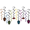 This 12 piece set of Day Of The Dead Whirls are just the thing to top off your Day of the Dead party decorations.  Comes with 6 17.5" hangers in vibrant colors and 6 35" long black streamers with Skull and rose danglers.  Easy to hang!