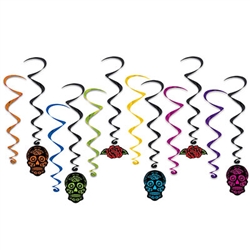 This 12 piece set of Day Of The Dead Whirls are just the thing to top off your Day of the Dead party decorations.  Comes with 6 17.5" hangers in vibrant colors and 6 35" long black streamers with Skull and rose danglers.  Easy to hang!