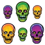 Go vintage with these classic Nite-Glow Skull cutouts.  Reproduced from an original 1973 design, each package has six glow in the dark cutouts printed both sides.
Includes Three 8.5" cutouts, Three 12.75" cutouts