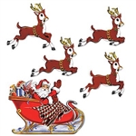 The Vintage Christmas Santa & Sleigh Cutouts are made of cardstock and printed on two sides. Includes one Santa in his sleigh and four reindeer's. Sizes range in measurement from 10 3/4 in to 17 3/4 in. Contains five (5) pieces per package.