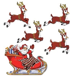 The Vintage Christmas Santa & Sleigh Cutouts are made of cardstock and printed on two sides. Includes one Santa in his sleigh and four reindeer's. Sizes range in measurement from 10 3/4 in to 17 3/4 in. Contains five (5) pieces per package.