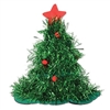 The Tinsel Christmas Tree Hat is a whimsical fabric lined hat featured green metallic fringes and decorated with round, red pom pom balls. A red felt star sits at the very top. This 15 inch tall hat will be sure to get your noticed. No returns.