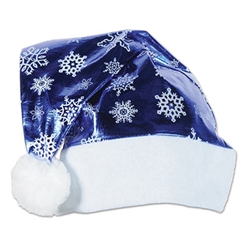 Be the "cool" Santa!  Set the style at your holiday party with this metallic blue Santa hat.  The metallic blue fabric with white snowflakes adds a new twist to an old favorite!