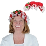 Our Mrs. Claus Hat is perfect for holiday photos or your office Christmas party. This red fabric hat has a white lace trim, and is sized to fit most adults. Please note that due to hygiene-related concerns, this item cannot be returned.