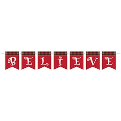 The Believe Streamer is red with red and green plaid border at the top with white letters. It is made of cardstock and each streamer measures 6 inches tall and 6 feet long. Each package contains 1 cord and 7 cards. Simple assembly required.