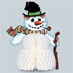 The Vintage Christmas Snowman Centerpiece is made of cardstock with a white tissue belly. It measures 11 inches tall. Completely assembled, opens full round. Contains one (1) per package.