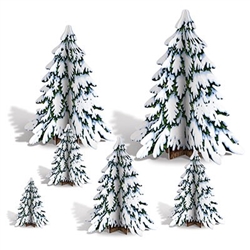 The 3-D Winter Pine Tree Centerpieces are made of cardstock and sizes range in measurement from 4 inches to 12 1/2 inches tall. Contains six (6) per package. Simple assembly required.