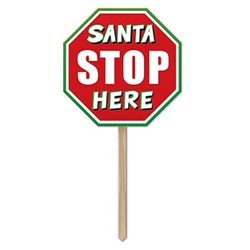 This plastic red, white, and green yard sign is shaped just like a mini stop sign and reads "Santa Stop Here" in the middle and includes a wooden stake so you can easily place in the yard. Comes one (1) per package. Measures 12.5 inches x 24 inches